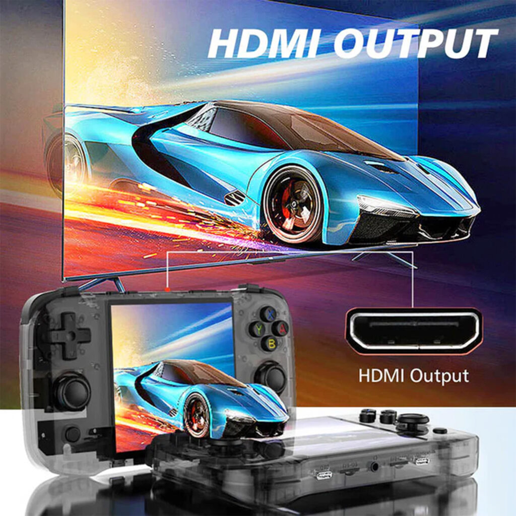 The gaming handheld device connected to a large display using an HDMI output, showcasing a fast car on the screen.