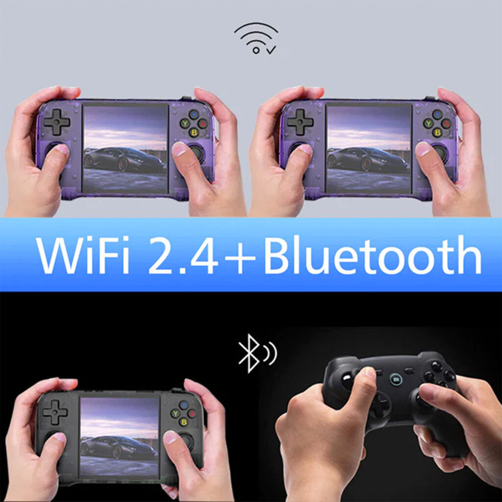 A WiFi 2.4 and Bluetooth feature demonstration with two handheld devices wirelessly connected and a Bluetooth-enabled controller being used.