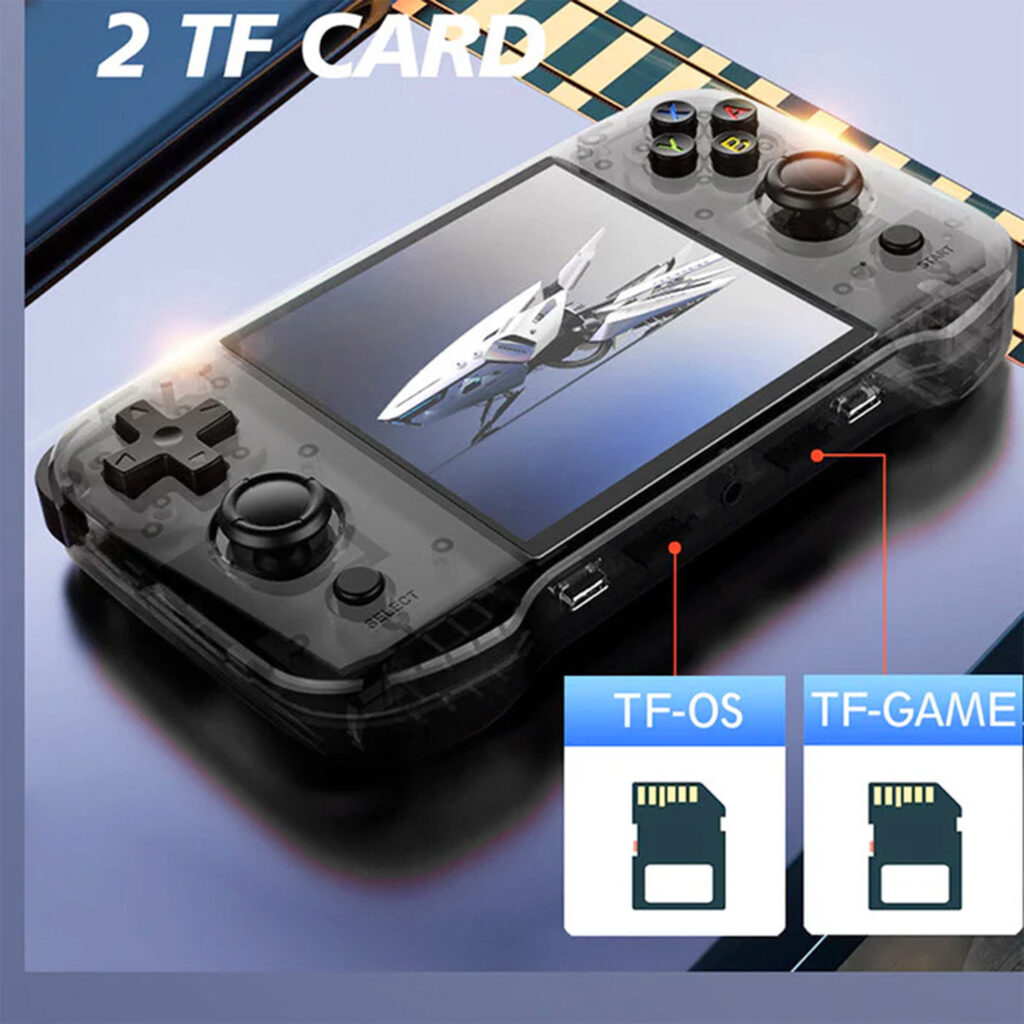 A close-up of the handheld device showing dual TF card slots labeled for OS and game storage, highlighting expandability.