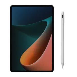 Tablet with a black frame and a vibrant screen displaying an abstract gradient design in green blue and orange hues accompanied by a white capacitive stylus with a smooth minimalist design