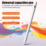 A simple, isolated product shot of the long, white stylus pen with blue LED indicator lights visible near the top, set against a solid dark green background.