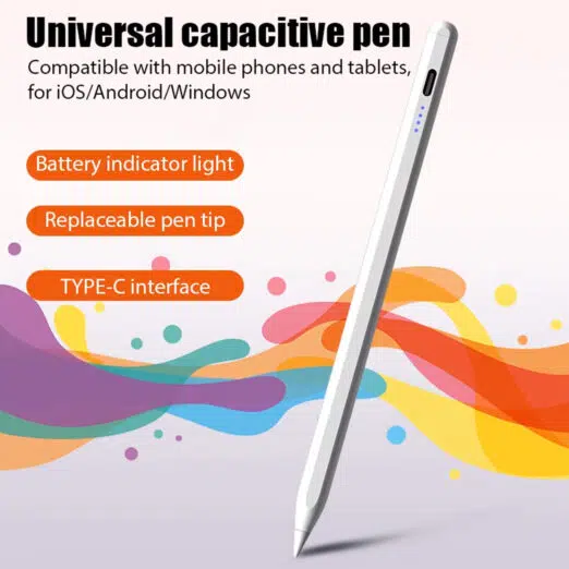 A simple, isolated product shot of the long, white stylus pen with blue LED indicator lights visible near the top, set against a solid dark green background.