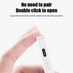 A close-up of a finger tapping the top of the white stylus pen, showing the simple, "Double click to open" power function. The pen's blue LED indicator lights are visible.
