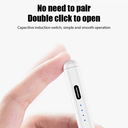 A close-up of a finger tapping the top of the white stylus pen, showing the simple, "Double click to open" power function. The pen's blue LED indicator lights are visible.