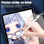 A close-up shot of a hand using a white stylus pen to draw a detailed, anime-style portrait on a tablet screen. The overlaid text reads, "Precise stroke, no delay."