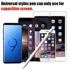 Universal stylus pen displayed alongside various devices, including smartphones and tablets, with the text: 'Universal stylus pen can only use for capacitive screen.