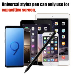 A black stylus pen is angled across a variety of stacked mobile phones and tablets (including an iPhone and an iPad), illustrating its broad compatibility. The overlaid text states, "Universal stylus pen can only use for capacitive screen."