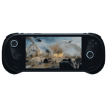 A front on view of the black AYANEO 3 handheld gaming console against a black background The screen displays an intense military action scene with explosions helicopters and tanks on a battlefield The controls feature a black D pad and analog stick on the left and black face buttons and an analog stick on the right Both analog sticks are illuminated with a bright whiteblue circular glow