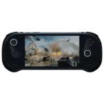 A front on view of the black AYANEO 3 handheld gaming console against a black background The screen displays an intense military action scene with explosions helicopters and tanks on a battlefield The controls feature a black D pad and analog stick on the left and black face buttons and an analog stick on the right Both analog sticks are illuminated with a bright whiteblue circular glow