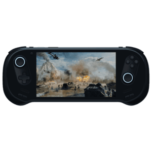 A front-on view of the black AYANEO 3 handheld gaming console against a black background. The screen displays an intense military action scene with explosions, helicopters, and tanks on a battlefield. The controls feature a black D-pad and analog stick on the left, and black face buttons and an analog stick on the right. Both analog sticks are illuminated with a bright white/blue circular glow.
