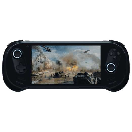 A front on view of the black AYANEO 3 handheld gaming console against a black background The screen displays an intense military action scene with explosions helicopters and tanks on a battlefield The controls feature a black D pad and analog stick on the left and black face buttons and an analog stick on the right Both analog sticks are illuminated with a bright whiteblue circular glow