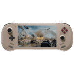 A front on view of the light beigesand colored AYANEO 3 handheld gaming console against a black background The screen displays an intense military action scene with explosions helicopters and tanks on a battlefield The controls feature light beige analog sticks and D pad with redpurple face buttons on the right