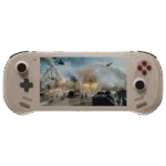 AYANEO3RETRODONELISTINGIMAGE1 DROIX Global A front on view of the light beigesand colored AYANEO 3 handheld gaming console against a black background The screen displays an intense military action scene with explosions helicopters and tanks on a battlefield The controls feature light beige analog sticks and D pad with redpurple face buttons on the right