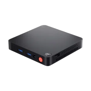 A compact Beelink T5 Mini PC with a black finish, Intel branding, USB 3.0 ports, a headphone jack, a power button, and ventilation on the sides.