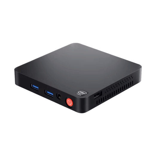 A compact Beelink T5 Mini PC with a black finish Intel branding USB 30 ports a headphone jack a power button and ventilation on the sides