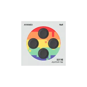 AYANEO joystick caps set in black, designed for AYANEO Pocket Micro and DMG models. The packaging features a pixelated rainbow background with four circular joystick caps visible through a transparent window. The AYANEO logo is displayed at the top left, and the text 'Joystick Cap' along with Chinese characters is printed on the bottom right.