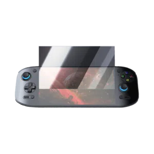 AYN Odin 2 Portal handheld gaming console with a partially applied tempered glass screen protector, demonstrating its clarity and coverage for enhanced display protection.