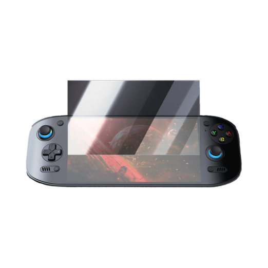 AYN Odin 2 Portal handheld gaming console with a partially applied tempered glass screen protector demonstrating its clarity and coverage for enhanced display protection