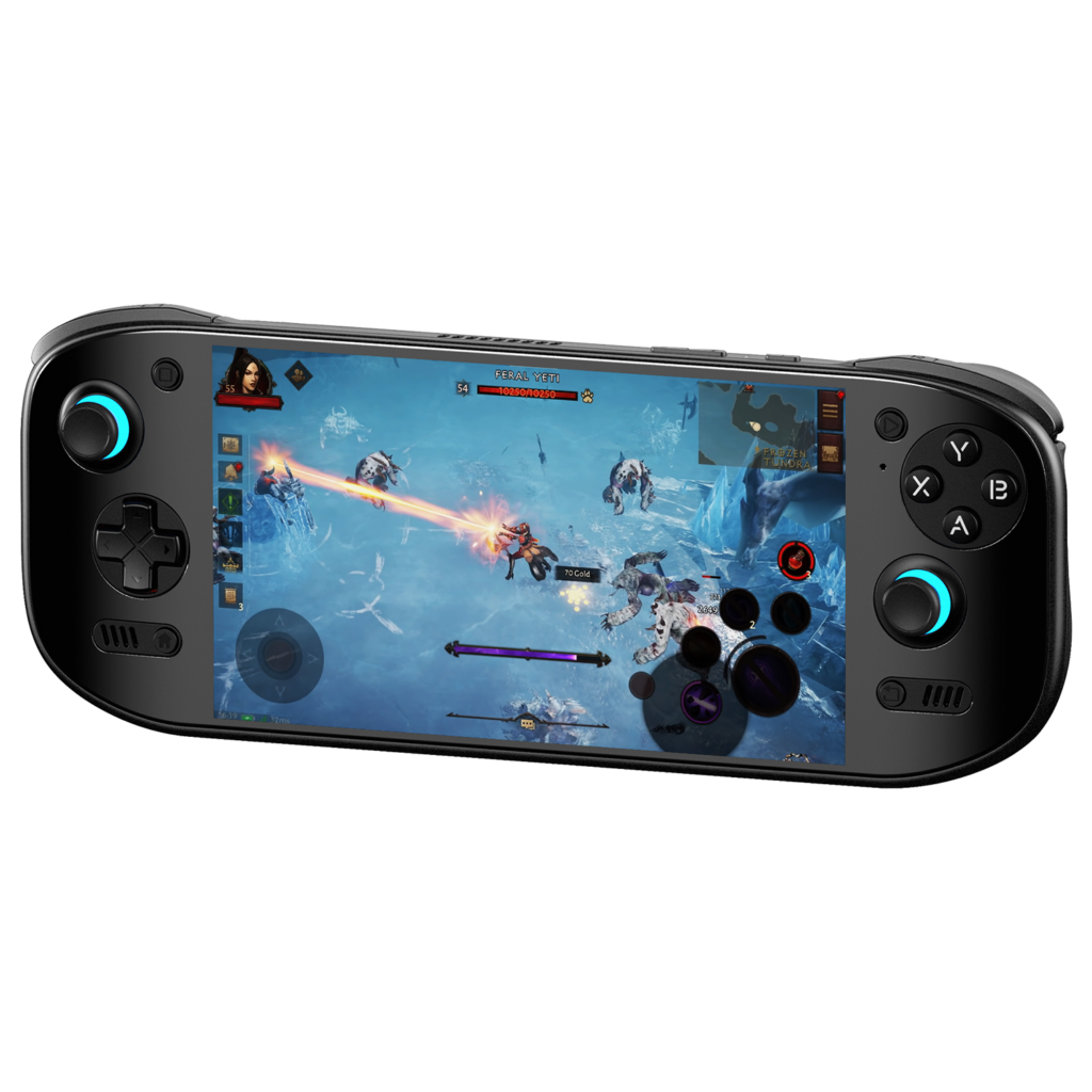 A black AYN Odin 2 Portal handheld gaming console displaying an action-packed RPG game. The screen shows a character using a fiery attack against enemies in a frozen landscape. The device has an ergonomic design with illuminated thumbsticks.