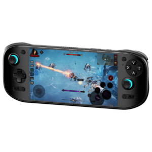 A black AYN Odin 2 Portal handheld gaming console displaying an action-packed RPG game. The screen shows a character using a fiery attack against enemies in a frozen landscape. The device has an ergonomic design with illuminated thumbsticks.