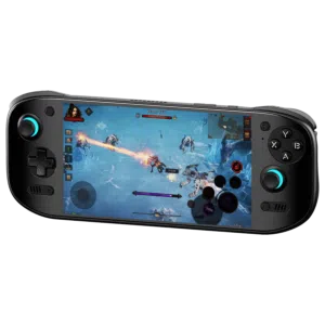 A black AYN Odin 2 Portal handheld gaming console displaying an action-packed RPG game. The screen shows a character using a fiery attack against enemies in a frozen landscape. The device has an ergonomic design with illuminated thumbsticks.