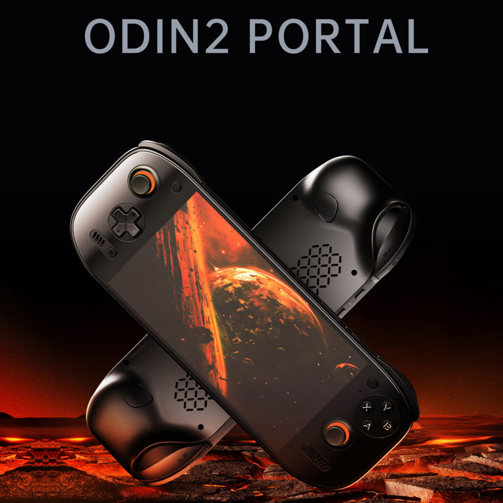 A stylized promotional image of the AYN Odin 2 Portal in black, presented in a futuristic design with a fiery planetary background. The handheld is crossed in an X-shape, highlighting its sleek and modern aesthetic.