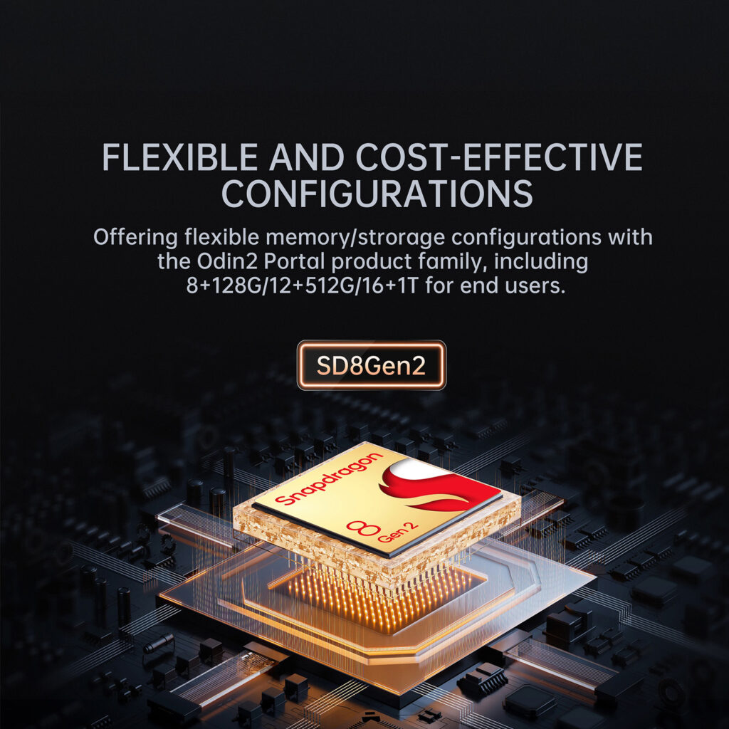 A promotional graphic detailing the AYN Odin 2 Portal's flexible configurations, featuring a Qualcomm Snapdragon 8 Gen 2 processor with memory options ranging from 8GB+128GB to 16GB+1TB.