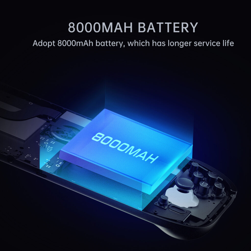 A digital visualization of the AYN Odin 2 Portal's 8000mAh battery, emphasizing its long-lasting power for extended gaming sessions.