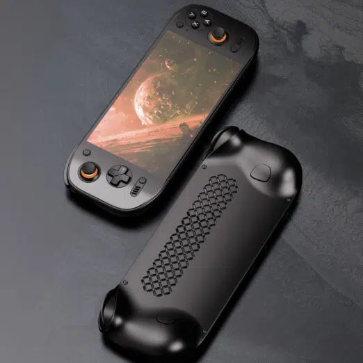 A top-down and rear view of the AYN Odin 2 Portal, displaying its honeycomb ventilation design for better heat dissipation, as well as its sleek matte black finish.
