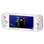 A White AYN Odin 2 Portal handheld gaming console displaying an action packed RPG game The screen shows a character using a fiery attack against enemies in a frozen landscape The device has an ergonomic design with illuminated thumbsticks