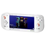 AYNODIN2PORTALWHITELISTINGIMAGEDONE1 DROIX Global A White AYN Odin 2 Portal handheld gaming console displaying an action packed RPG game The screen shows a character using a fiery attack against enemies in a frozen landscape The device has an ergonomic design with illuminated thumbsticks