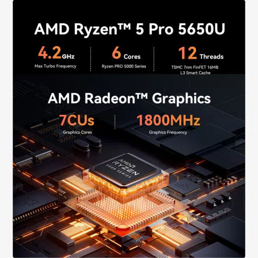 Specifications of the AMD Ryzen™ 5 Pro 5650U processor are displayed, showcasing its 4.2GHz max turbo frequency, 6 cores, and 12 threads. AMD Radeon™ Graphics with 7 CUs and 1800MHz frequency are also highlighted.