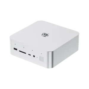 "A high-resolution product image of the Beelink GTi13 Ultra mini PC in a silver finish. The compact, square-shaped device features rounded edges and a minimalist design with the Beelink logo on top. The front panel includes multiple ports, such as a USB port, SD card slot, USB-C port, 3.5mm audio jack, and a fingerprint sensor. Small LED indicator lights are also visible on the front panel.