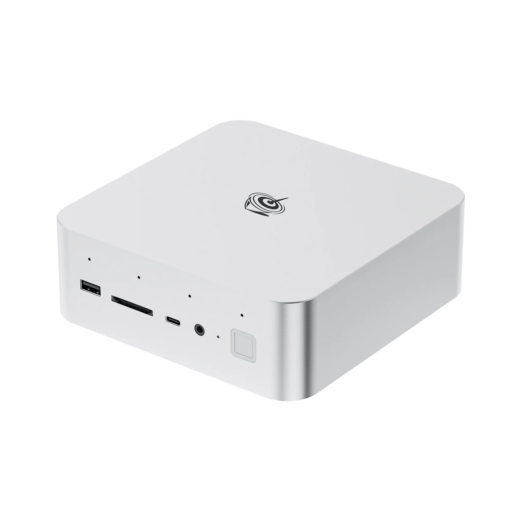 A high resolution product image of the Beelink GTi13 Ultra mini PC in a silver finish The compact square shaped device features rounded edges and a minimalist design with the Beelink logo on top The front panel includes multiple ports such as a USB port SD card slot USB C port 35mm audio jack and a fingerprint sensor Small LED indicator lights are also visible on the front panel