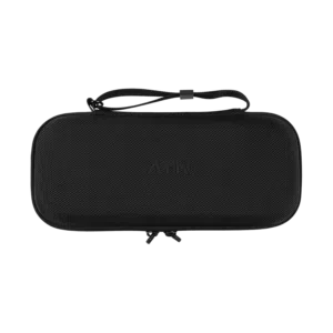 Exterior view of the AYN Odin 2 and Portal carrying case, featuring a durable black shell with a textured surface, dual zipper closure, and a wrist strap for easy carrying.