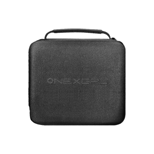 ONEXGPU 2 Carrying Case  A durable black protective case with a textured exterior sturdy handle and embossed ONEXGPU branding designed for safely storing and transporting the ONEXGPU 2 eGPU