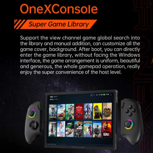 ONEXPLAYER X1 PRO running OneXConsole software, which provides a streamlined game library interface optimized for controller-based navigation.