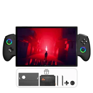 ONEXPLAYER X1 PRO gaming handheld with detachable controllers, displaying a game with a red-lit scene. Below the device, additional accessories are shown, including a protective case, keyboard and extra gaming buttons, indicating included freebies