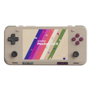 Front-facing view of the AYANEO Pocket ACE in retro beige with purple buttons, showing a pixel-themed version of the Pocket ACE logo on colorful stripes