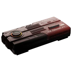 Front angled view of the AYANEO AG01 Starship Graphics Dock, showcasing its red metallic finish, futuristic heat vent design, and large circular LED fan.