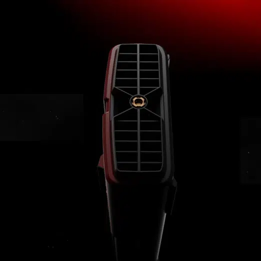 Rear exhaust port of the AYANEO AG01 Graphics Dock with a central screw mount, set against a dramatic red and black background.