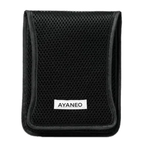 A black, rectangular protective case with a mesh-like texture covers the entire surface. A white label with "AYANEO" in black text is centered near the bottom of the case. The case appears to be closed and is presented against a plain, light gray background.