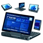 A promotional image showcasing the versatile display modes of the GPD MicroPC 2 A central image shows the device open in laptop mode with a detailed dashboard on its screen Around it smaller versions of the device are shown in different orientations in tablet mode inverted V shape and portrait mode Bullet points at the bottom highlight key features like the processor screen size and storage capacity The background is a solid dark green