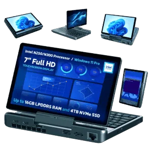 A promotional image showcasing the versatile display modes of the GPD MicroPC 2 A central image shows the device open in laptop mode with a detailed dashboard on its screen Around it smaller versions of the device are shown in different orientations in tablet mode inverted V shape and portrait mode Bullet points at the bottom highlight key features like the processor screen size and storage capacity The background is a solid dark green