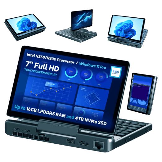 A promotional image showcasing the versatile display modes of the GPD MicroPC 2 A central image shows the device open in laptop mode with a detailed dashboard on its screen Around it smaller versions of the device are shown in different orientations in tablet mode inverted V shape and portrait mode Bullet points at the bottom highlight key features like the processor screen size and storage capacity The background is a solid dark green