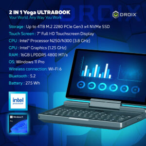 A promotional image for the "GPD MicroPC 2" showing its "2 IN 1 Yoga ULTRABOOK" design and specifications. A GPD MicroPC 2 is displayed, open in laptop mode at an angle, with a data-driven dashboard on its screen. The left side of the image lists its key specifications: storage, touch screen, CPU, GPU, RAM, OS, wireless connection, and battery. Logos for "intel processor" and "Windows 11 Pro" are in the bottom left corner. The "DROIX" logo is in the top right.