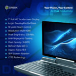 A promotional image for the GPD MicroPC 2 focusing on its Your Vision Your Control for Peak Productivity The background is a stylized blue with hexagonal patterns A GPD MicroPC 2 is shown at an angle open in laptop mode with a glowing abstract wallpaper on its screen The left side of the image lists detailed screen specifications including 7 Full HD Touchscreen Display 6 gen Corning Gorilla Glass and Resolution 1920x1080
