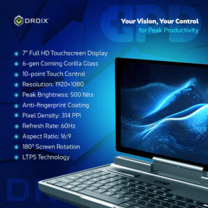 A promotional image for the GPD MicroPC 2, focusing on its "Your Vision, Your Control for Peak Productivity." The background is a stylized blue with hexagonal patterns. A GPD MicroPC 2 is shown at an angle, open in laptop mode with a glowing abstract wallpaper on its screen. The left side of the image lists detailed screen specifications, including "7" Full HD Touchscreen Display," "6-gen Corning Gorilla Glass," and "Resolution: 1920x1080."