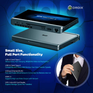 A promotional image for the GPD MicroPC 2, highlighting its "Small Size, Full Port Functionality". Two GPD MicroPC 2 devices are shown angled on a stylized blue background with hexagonal patterns, one open and one closed. The main text describes the various ports: USB-C, USB-A, Ethernet, HDMI, and microSD card reader, along with their respective speeds and uses. The bottom right shows a close-up of a person holding the compact device, emphasizing its portability.