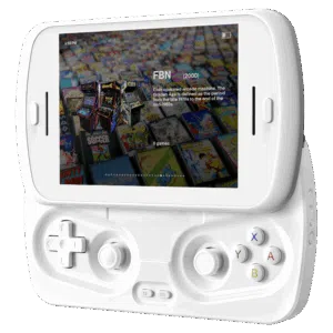 A white RG SLIDE handheld gaming device is shown with its screen slid up to reveal the game controls. The screen displays a game selection interface featuring "FBN (2000)" and a background composed of numerous classic game cartridge covers. The controller section has a white D-pad and analog sticks, with colored ABXY buttons.